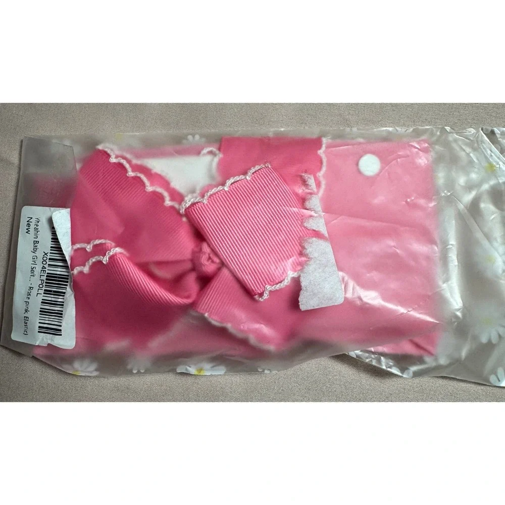 Yheahin Baby Girl Rose Pink Elastic Headband Oversized Bow Scalloped Lace Trim